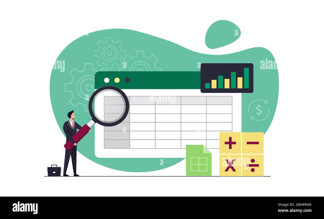 Illustrazione del foglio di calcolo, analisi aziendale e analitica, report del database, dati di contabilità finanziaria con numero di tabella Illustrazione Vettoriale