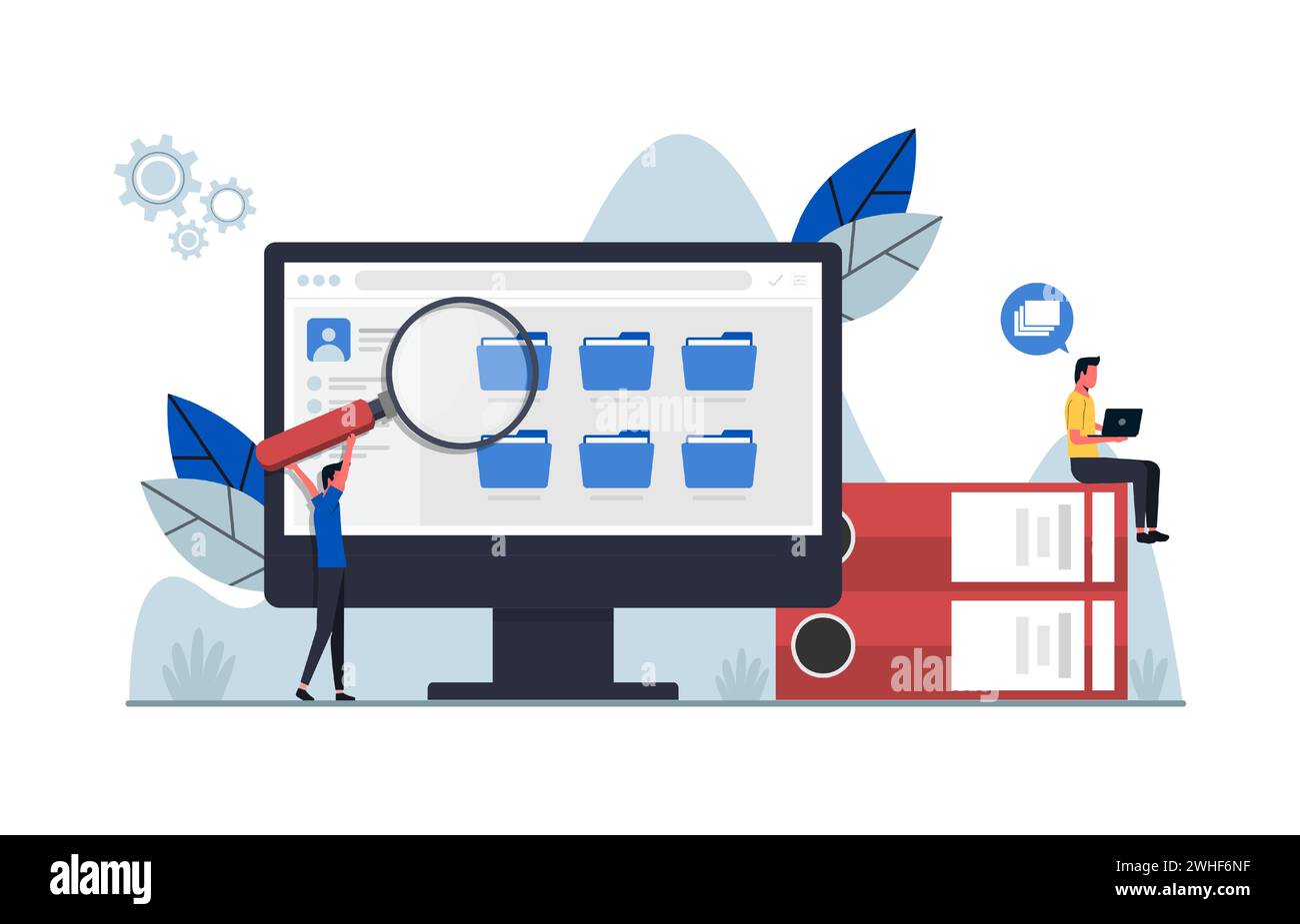 Dipendenti che cercano e indicizzano documenti di file. Illustrazione del concetto di gestione file e archiviazione dati. Illustrazione Vettoriale