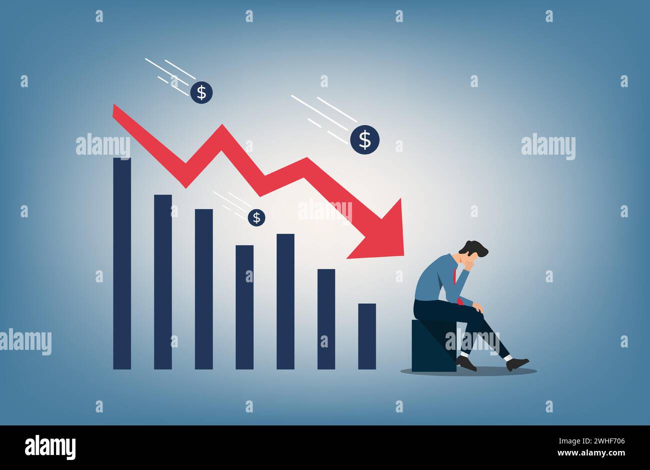 concetto di crisi economica e finanziaria. L'uomo d'affari si sente a disagio con il simbolo del grafico discendente Illustrazione Vettoriale