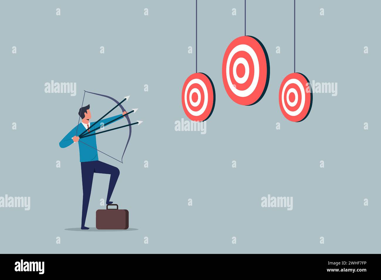 Puntando a molti obiettivi o obiettivi in un colpo solo, multitasking o strategia multiuso, abile uomo d'affari che punta più archi su tre obiettivi, achi Illustrazione Vettoriale