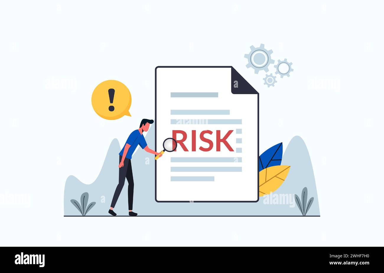 Analisi delle cause di fondo e risoluzione dei problemi, valutazione dell'analisi dei rischi, uomo con lente di ingrandimento monitor e indagine dell'incidente con punto esclamativo Illustrazione Vettoriale