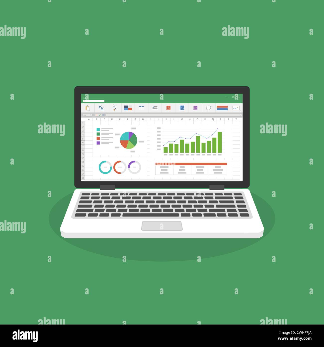 Icona del foglio di calcolo sullo schermo piatto del notebook. Concetto di relazione sulla contabilità finanziaria. oggetti di ufficio per la pianificazione e la contabilità, l'analisi, l'audit, la gestione dei progetti Illustrazione Vettoriale