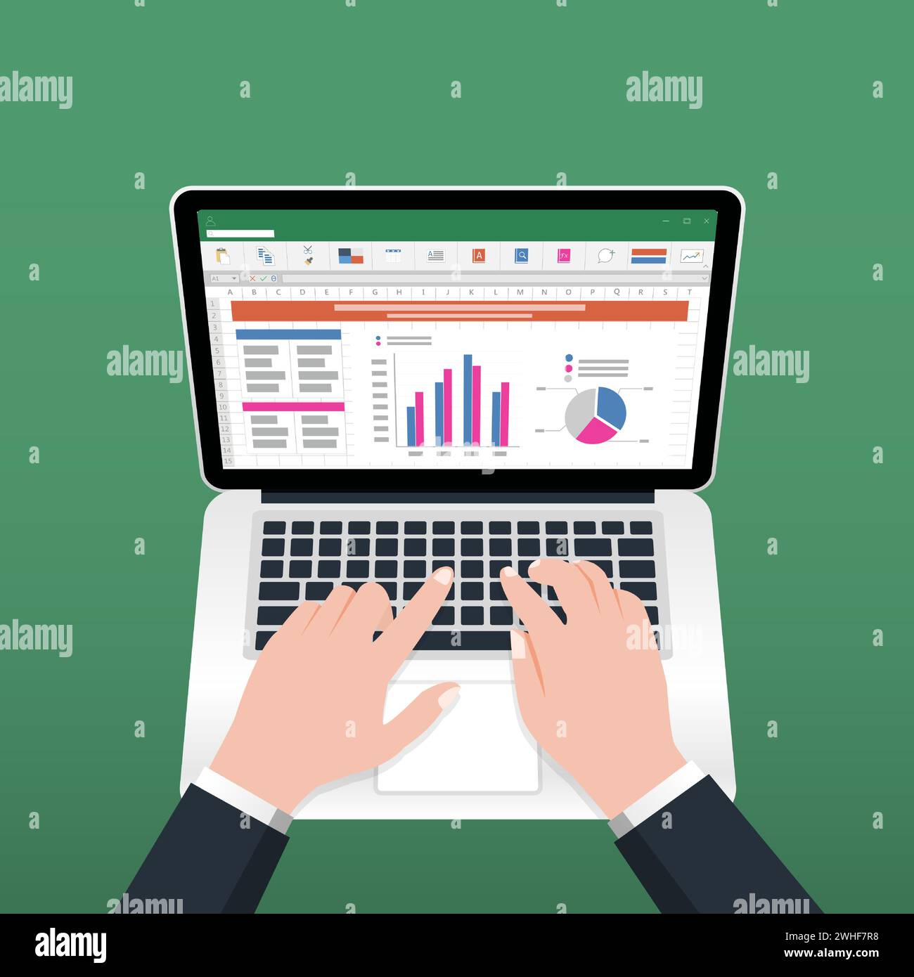 Foglio di calcolo sullo schermo del notebook. Concetto di relazione sulla contabilità finanziaria. oggetti di ufficio per la pianificazione e la contabilità, l'analisi, la revisione, la gestione dei progetti, mar Illustrazione Vettoriale