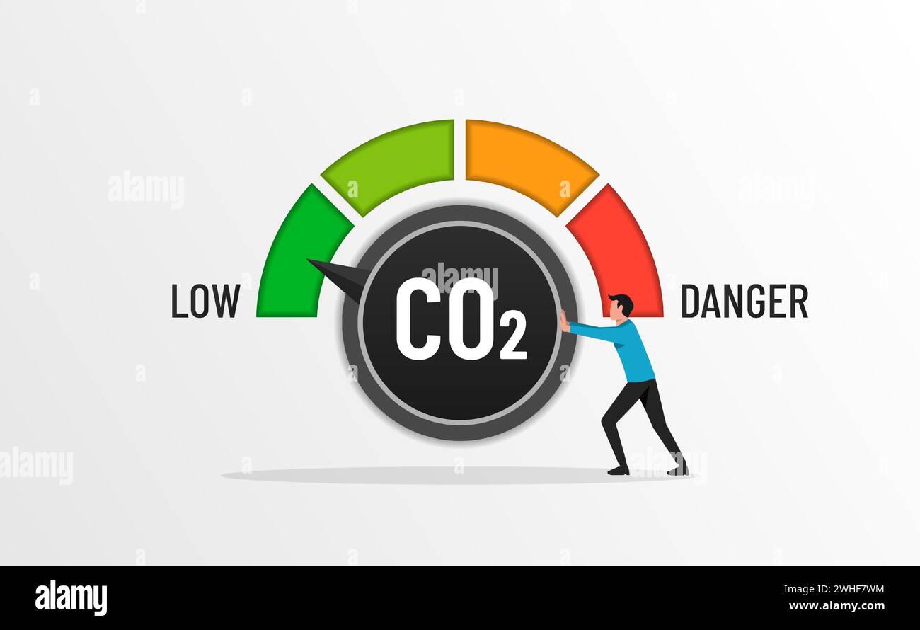 Concetto di zero emissioni con pulsante di commutazione che indica l'indicatore verde, tecnologia pulita e sostenibile, arresto della campagna di riscaldamento globale, energia ecologica verde Illustrazione Vettoriale