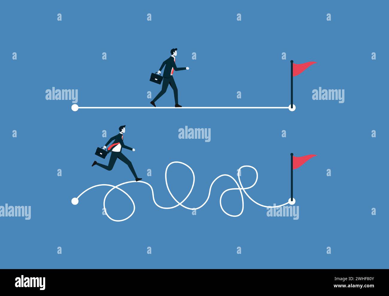 Modo semplice o rapido per ottenere successo aziendale o concetto di percorso e ostacolo, facile o difficile, competere nel business, uomo d'affari intelligente che corre avanti Illustrazione Vettoriale