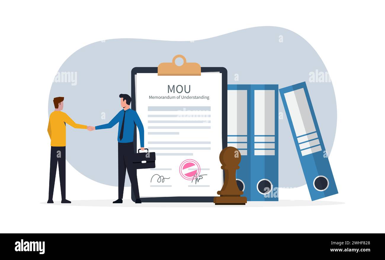 Memorandum d'intesa documento legale con concetto di sigillo di timbro, stretta di mano d'affari sui documenti contrattuali dopo accordo Illustrazione Vettoriale
