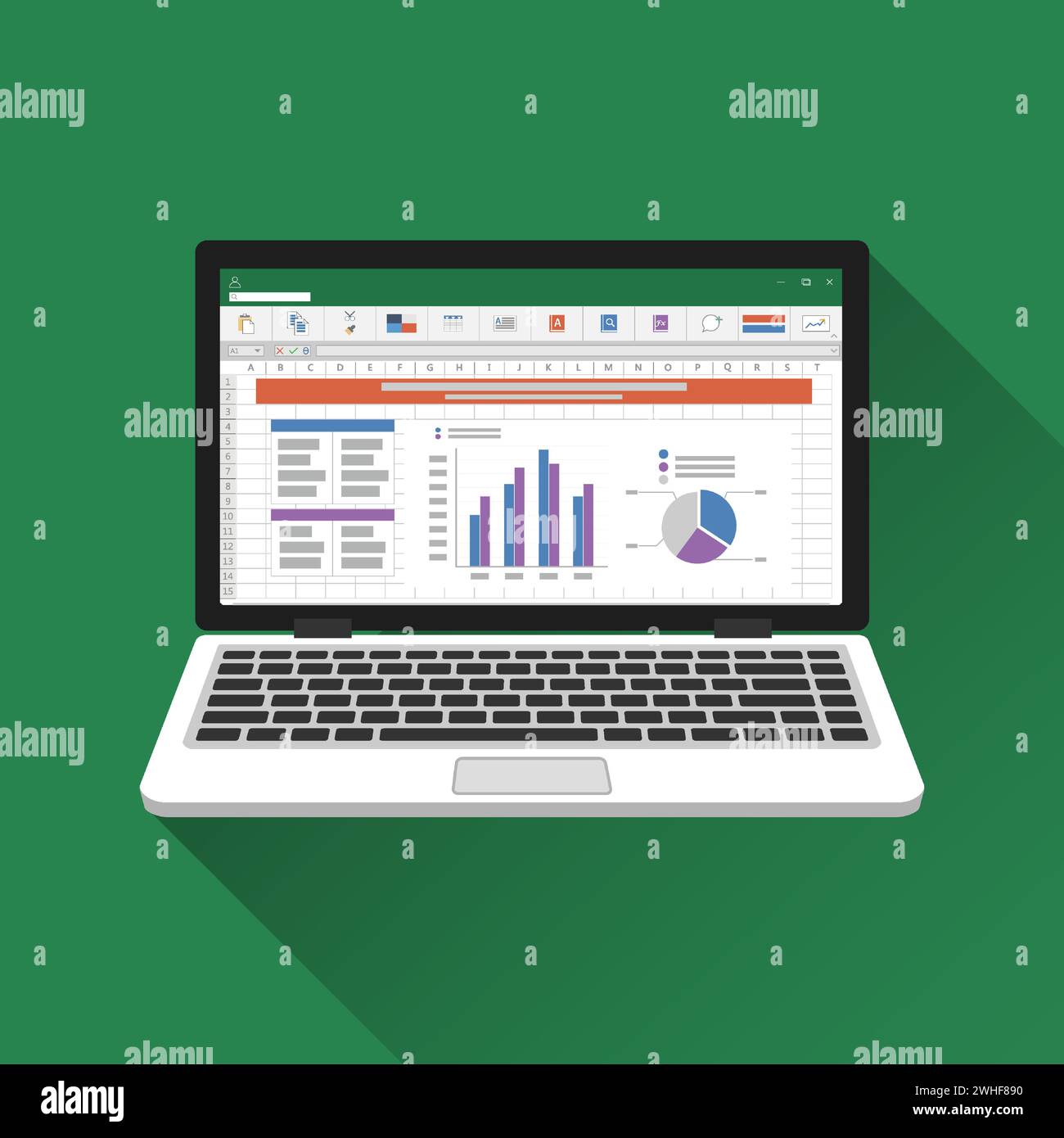 Foglio di calcolo sullo schermo del notebook. Illustrazione Vettoriale