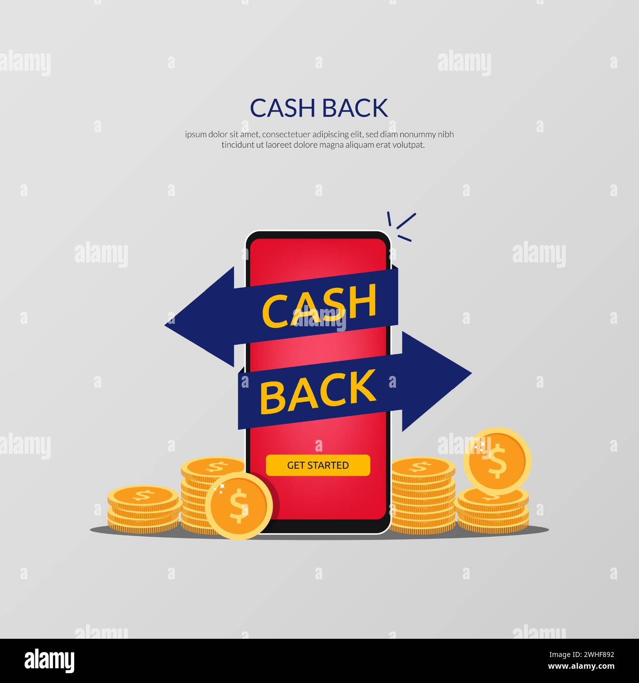 Concetto di rimborso o rimborso del denaro. Pile di monete e bottone per iniziare l'illustrazione del vettore cash back. Illustrazione Vettoriale