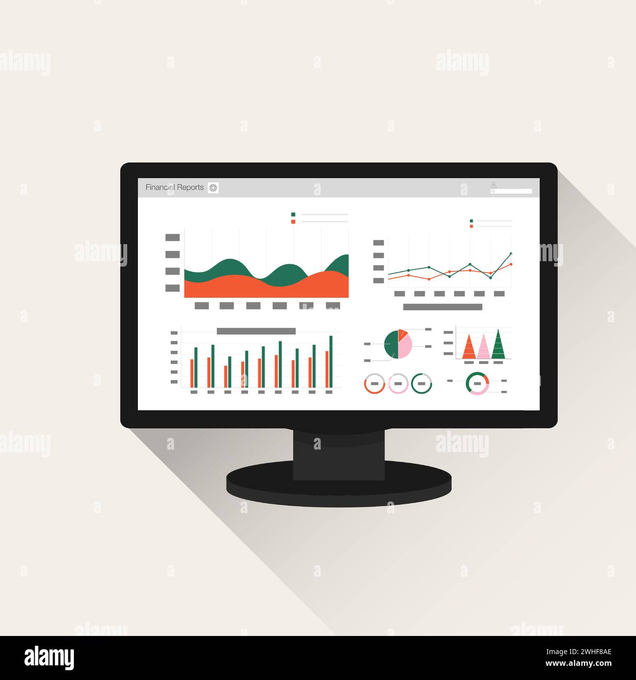 Informazioni sul report di contabilità finanziaria sullo schermo del computer. oggetti di ufficio per la pianificazione e la contabilità, l'analisi, la revisione, la gestione dei progetti, il marketing, ris Illustrazione Vettoriale