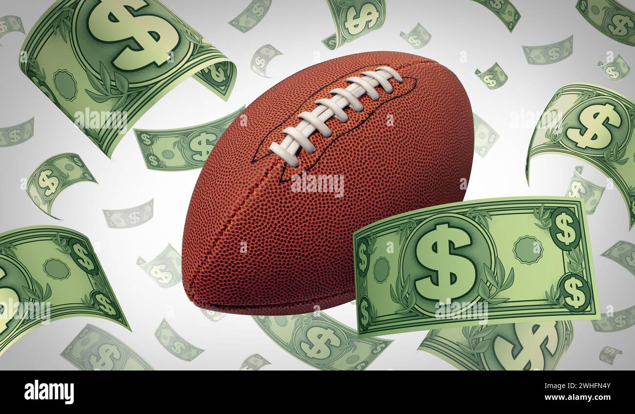 Scommesse sul football americano e scelta di un vincitore con una scommessa sulla grande partita di campionato come simbolo delle scommesse sportive. Foto Stock