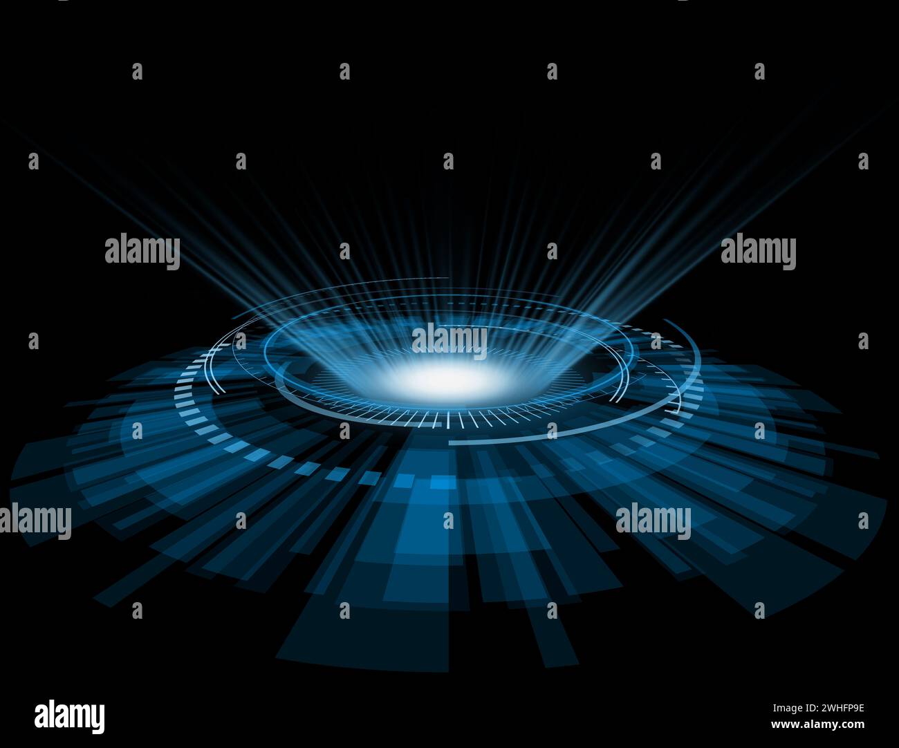 luce blu olografica con faretto al centro, futuristico design hud Foto Stock