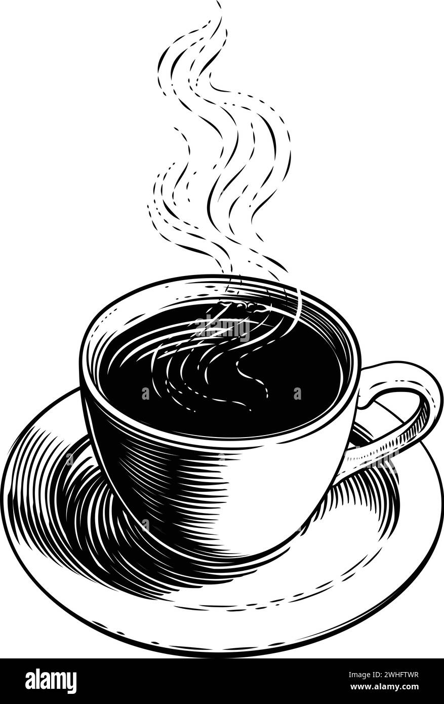 Tazza di caffè vapore Smoke retro Etching Woodcut Style Illustrazione Vettoriale