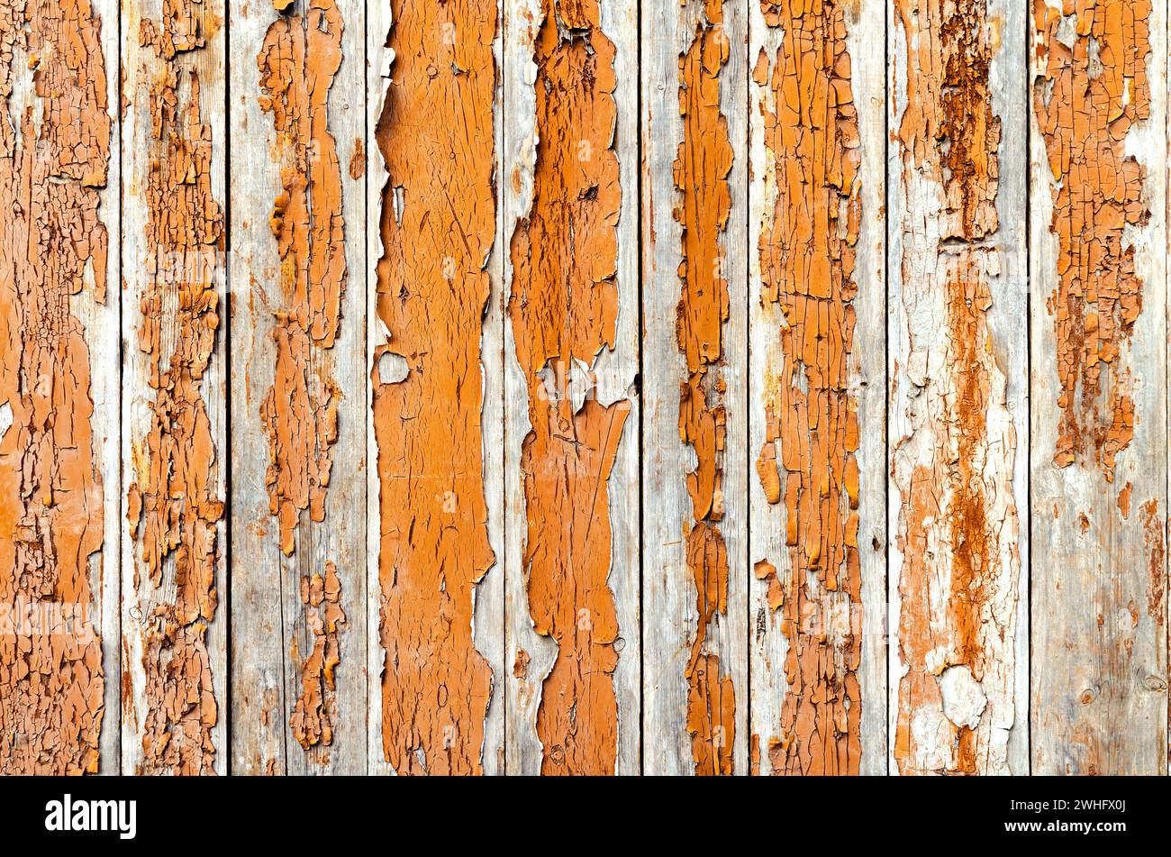 Tavola di legno vecchio con vernice arancione sbucciata, superficie di legno ruvida e intemprata Foto Stock