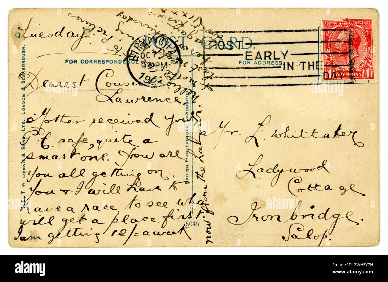 Retro della cartolina originale degli anni '1920 - con George V One Penny Red Stamp datato / postato il 12 ottobre 1922, Regno Unito Foto Stock