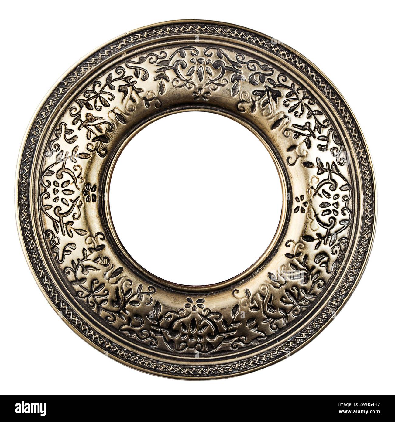 Cornice fotografica in ottone vintage su sfondo bianco Foto Stock