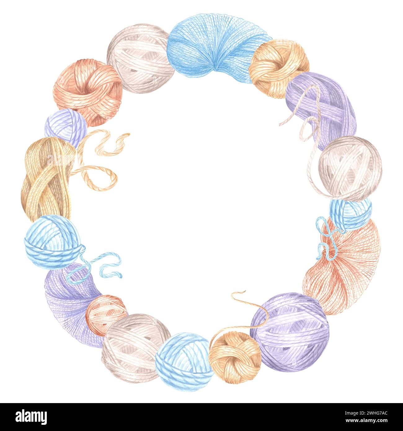 Corona di acquerelli, telaio rotondo in palle e spille di lana. Illustrazione del modello con spazio di copia per hobby per lavorare a maglia isolata disegnata a mano per il post Foto Stock