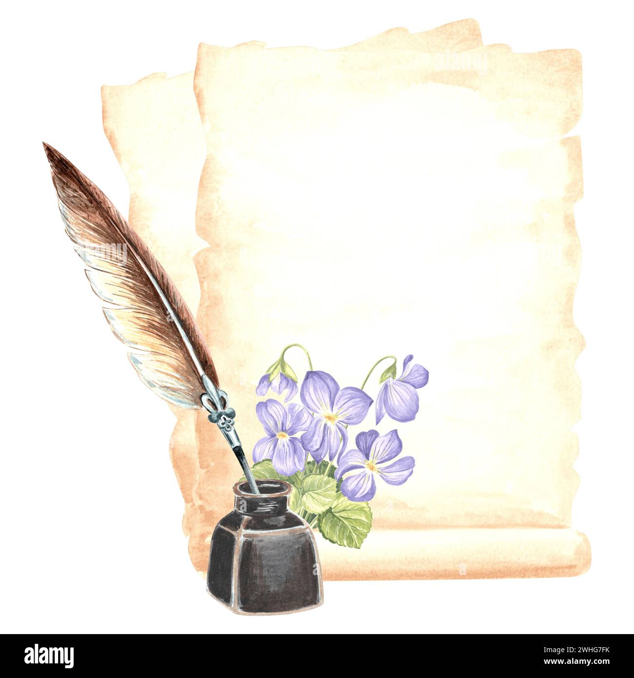 Fogli di carta papiro, pozzetto per inchiostro con penna di piume e bouquet di fiori di violette selvatiche. Materiale di scrittura vintage. Illustrazione retrospettiva del modello dello stato precedente Foto Stock