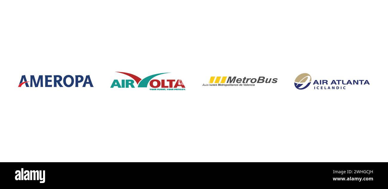 Metrobus Valencia, Air volta, Air Atlanta Icelandic, Ameropa Reisen. Illustrazione vettoriale, logo editoriale. Illustrazione Vettoriale