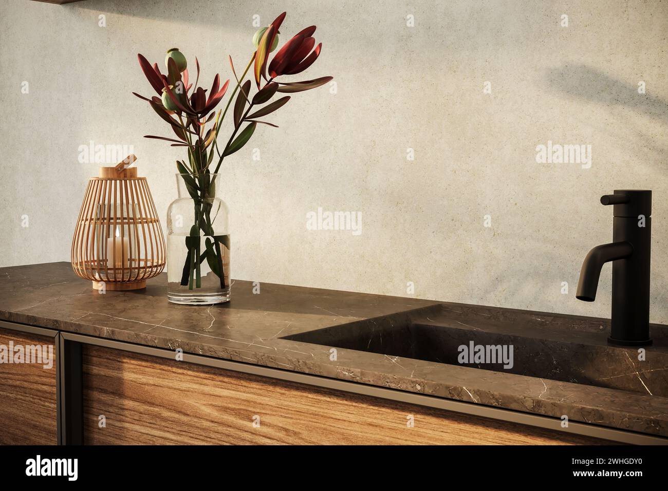Bagno minimalista con lavabo in marmo con rubinetto nero e specchio, fiore. Questo piano di lavoro predisposto per il mockup può fungere da supporto per espositori per ba Foto Stock