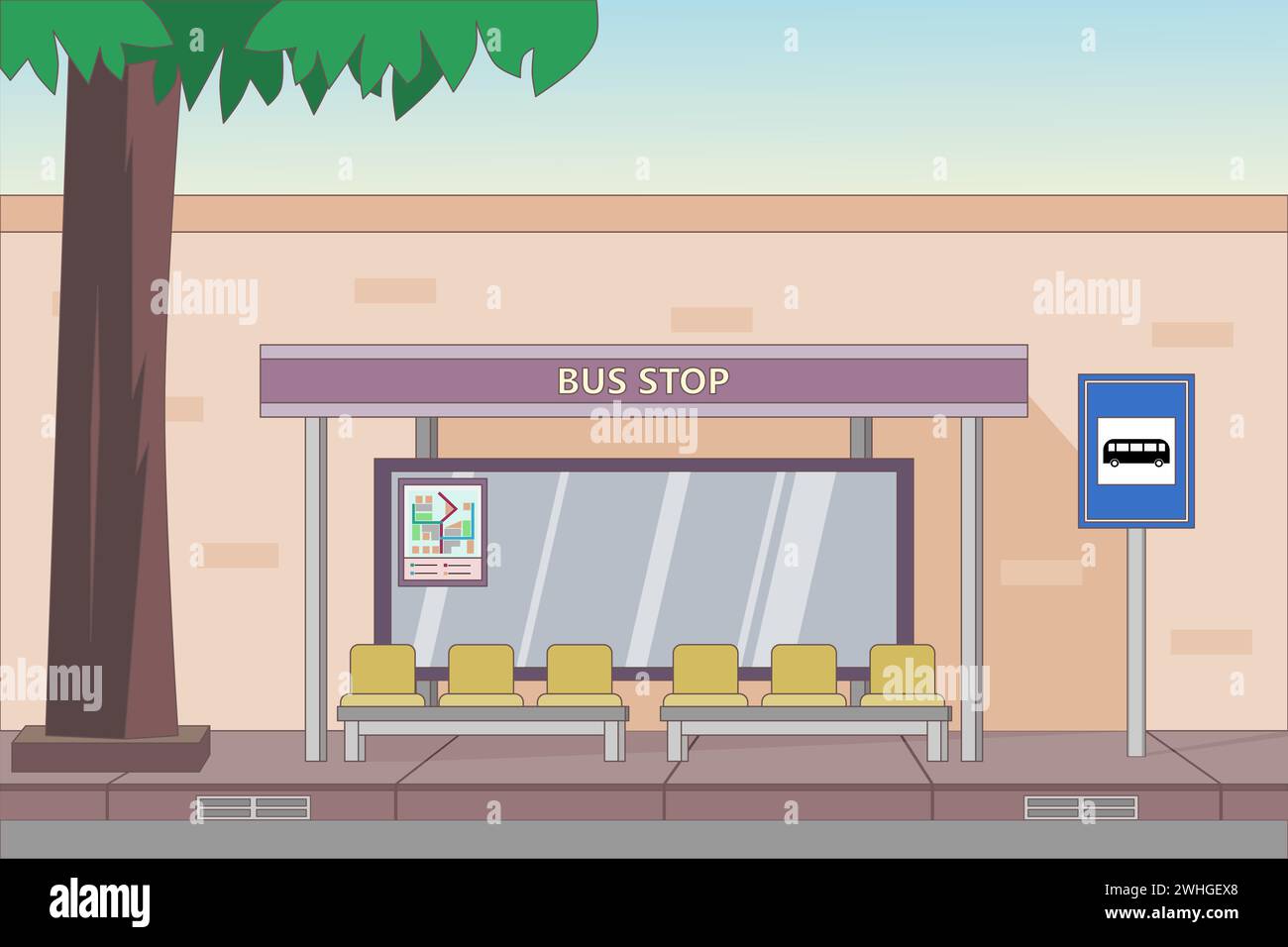 Fermata dell'autobus con riparo sulla strada della città. Paesaggio urbano con stazione dei trasporti pubblici. Illustrazione vettoriale. Illustrazione Vettoriale