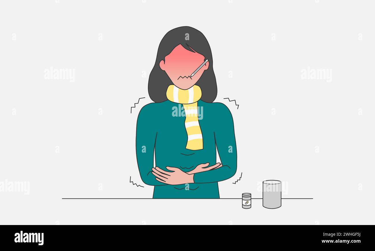 Donna che si sente male con sintomi di febbre alta. Donna che indossa la sciarpa si sente male. Concetto di raffreddore o malattia influenzale. Illustrazione vettoriale. Illustrazione Vettoriale