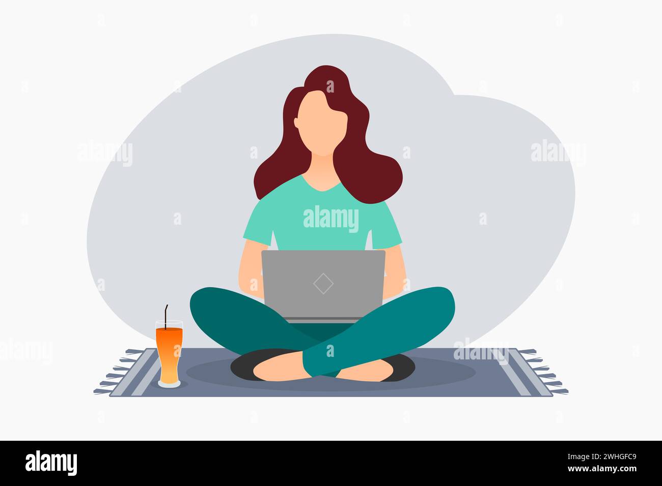 Una giovane donna seduta sul pavimento e che lavora su un notebook. Illustrazione vettoriale. Illustrazione Vettoriale