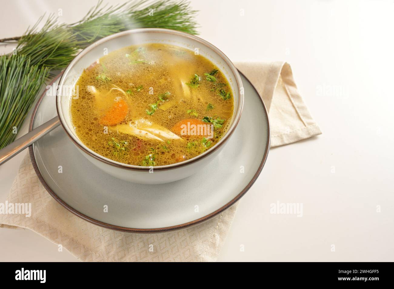 Zuppa invernale calda al vapore di pollo, verdure e prezzemolo in una ciotola, rimedio domestico contro il raffreddore e l'influenza, servita su un bianco gay Foto Stock