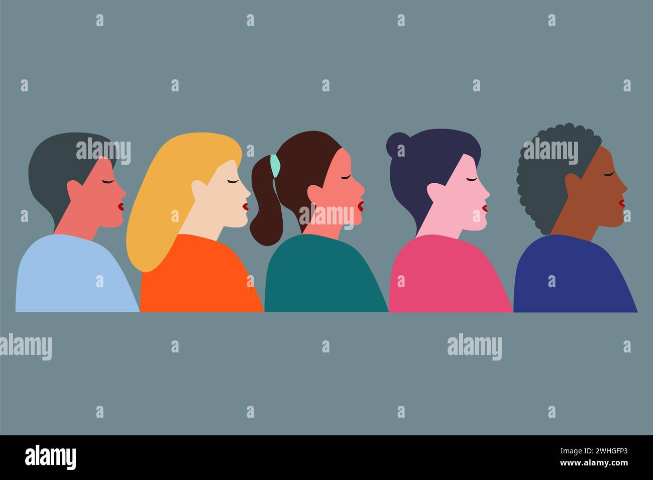 Gruppo di donne con diverse nazionalità e culture che si uniscono. Banner per la giornata internazionale della donna. Illustrazione vettoriale. Illustrazione Vettoriale