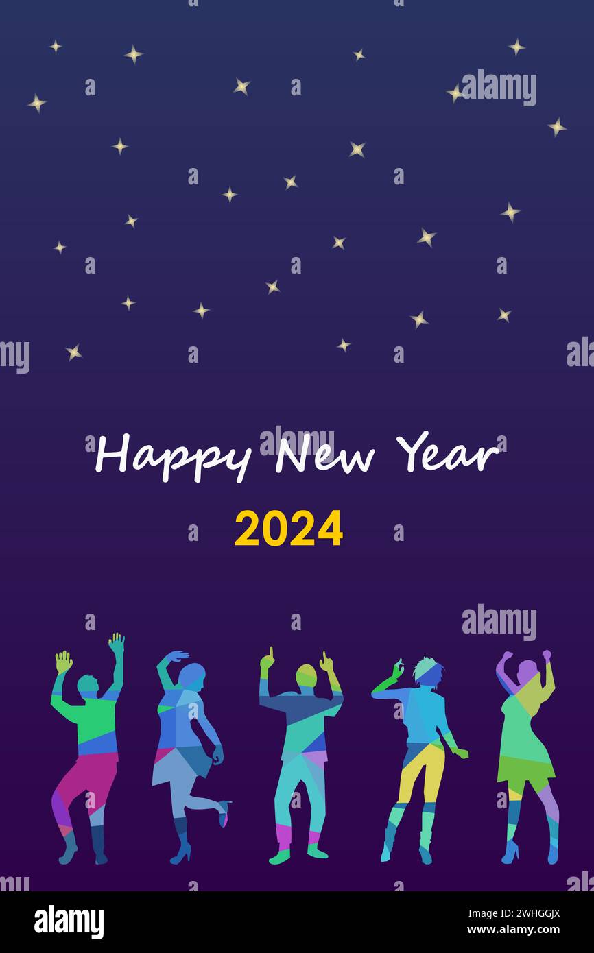 Felice festa di festa del nuovo anno 2024 con uomo e donna ballerini in background scuro. Design del poster. Illustrazione vettoriale. Illustrazione Vettoriale