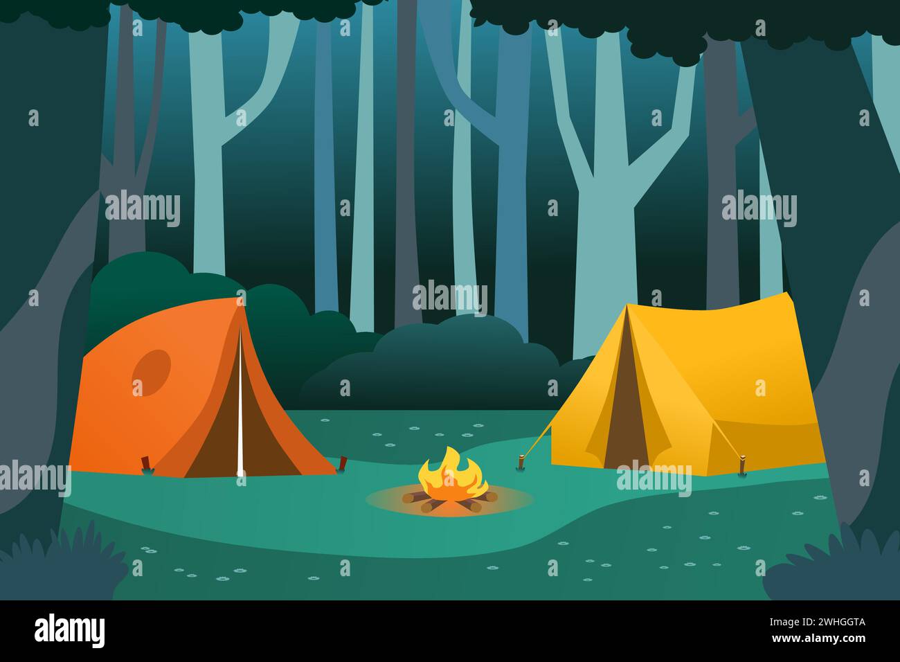 Campo forestale di notte con tenda e falò. Concetto di avventura e viaggio. Illustrazione vettoriale. Illustrazione Vettoriale