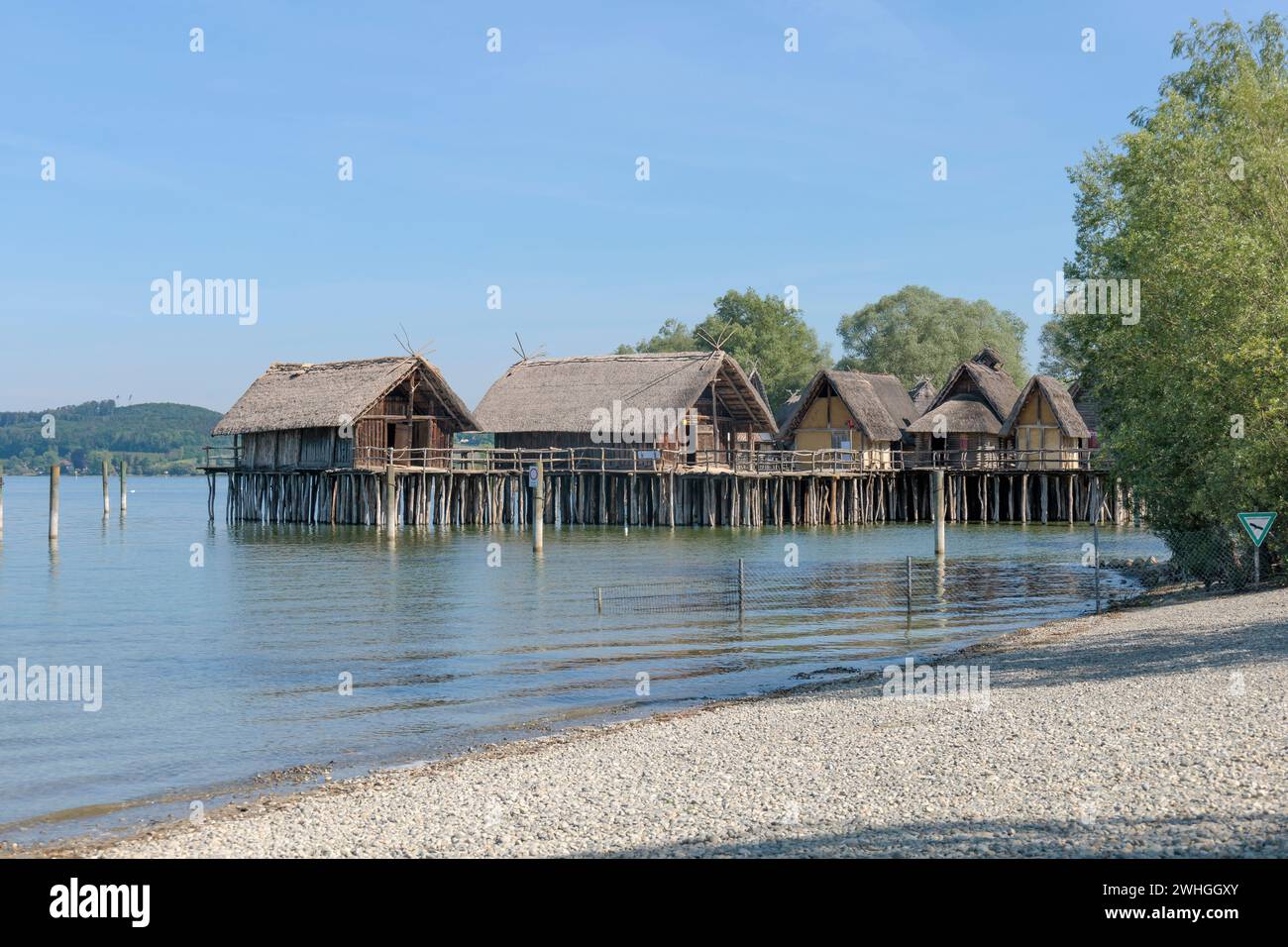 Dimore piene sulla riva, Unteruhldingen, lago di Costanza Foto Stock