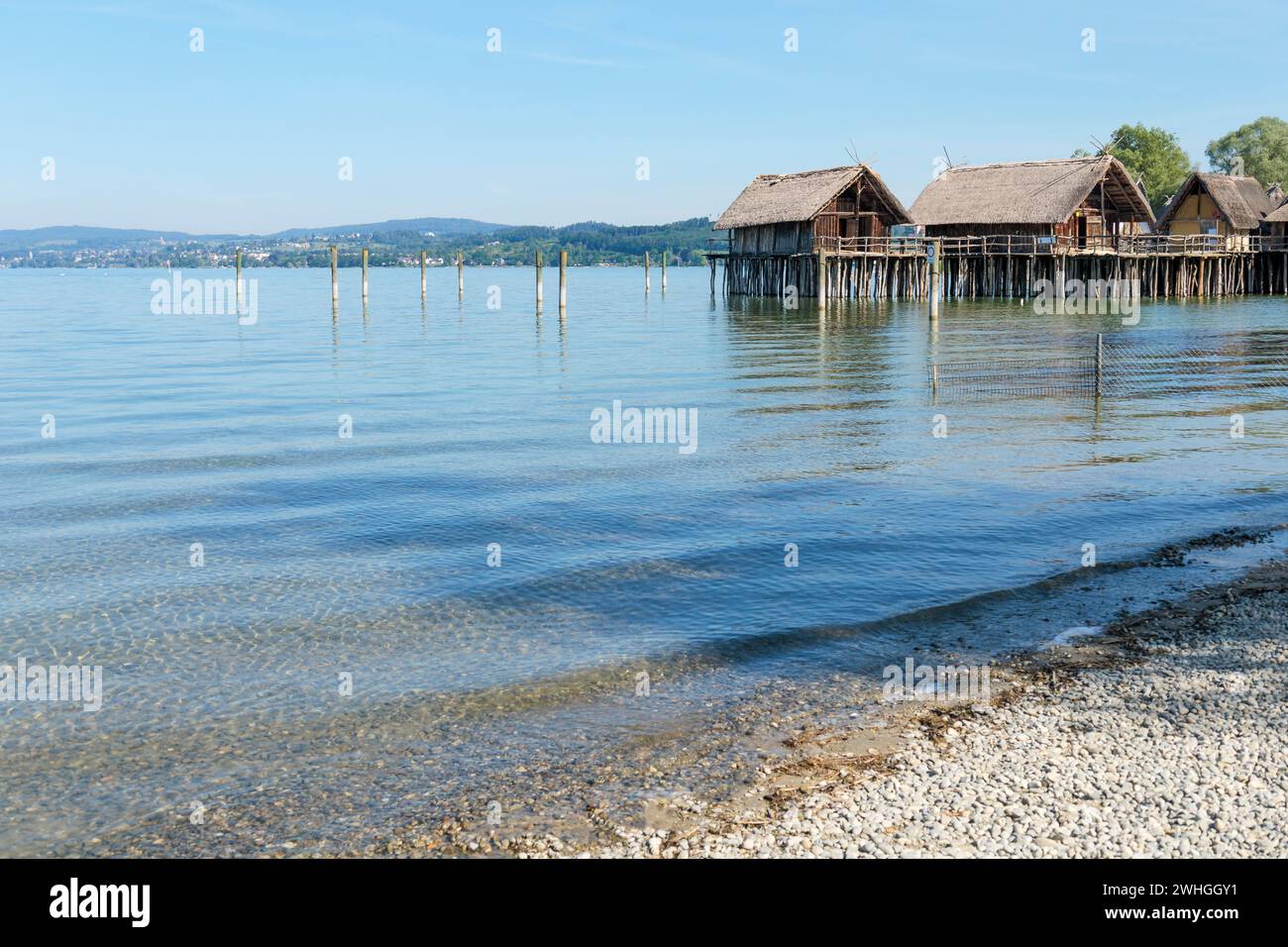 Dimore piene sulla riva, Unteruhldingen, lago di Costanza Foto Stock