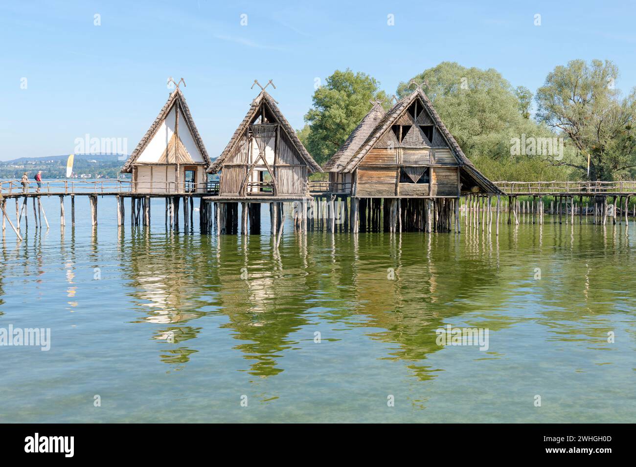 Dimore piene sulla riva, Unteruhldingen, lago di Costanza Foto Stock
