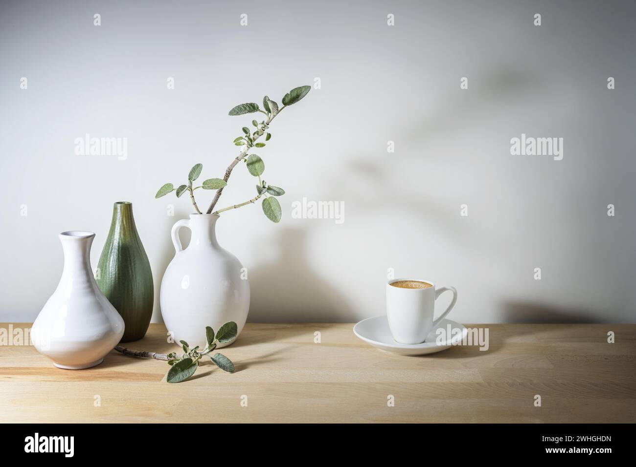 Pallido natura morta con tre vasi in bianco e verde, un ramo di foglie di salvia con ombra e una tazza di caffè, tavolo di legno contro un gra Foto Stock