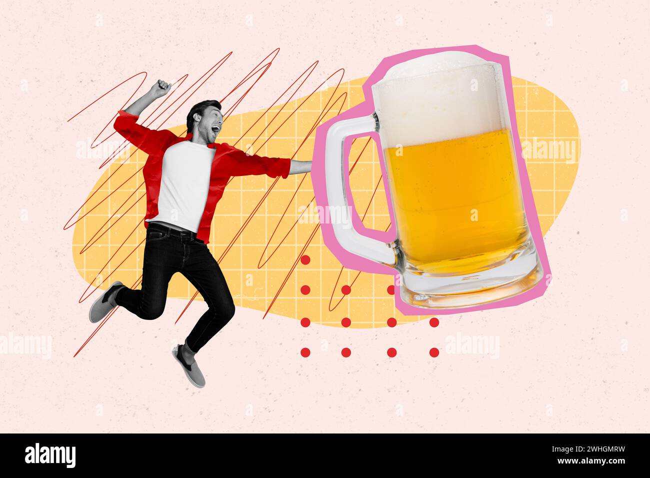 Collage fotografico di disegno orizzontale di allegro giovane ragazzo in miniatura tenere una pinta gigante di birra sera al pub bere alcolici Foto Stock