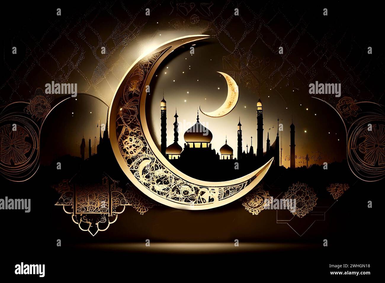Biglietto d'auguri festivo per il mese sacro musulmano Ramadan Kareem con moschea e mezzaluna Foto Stock