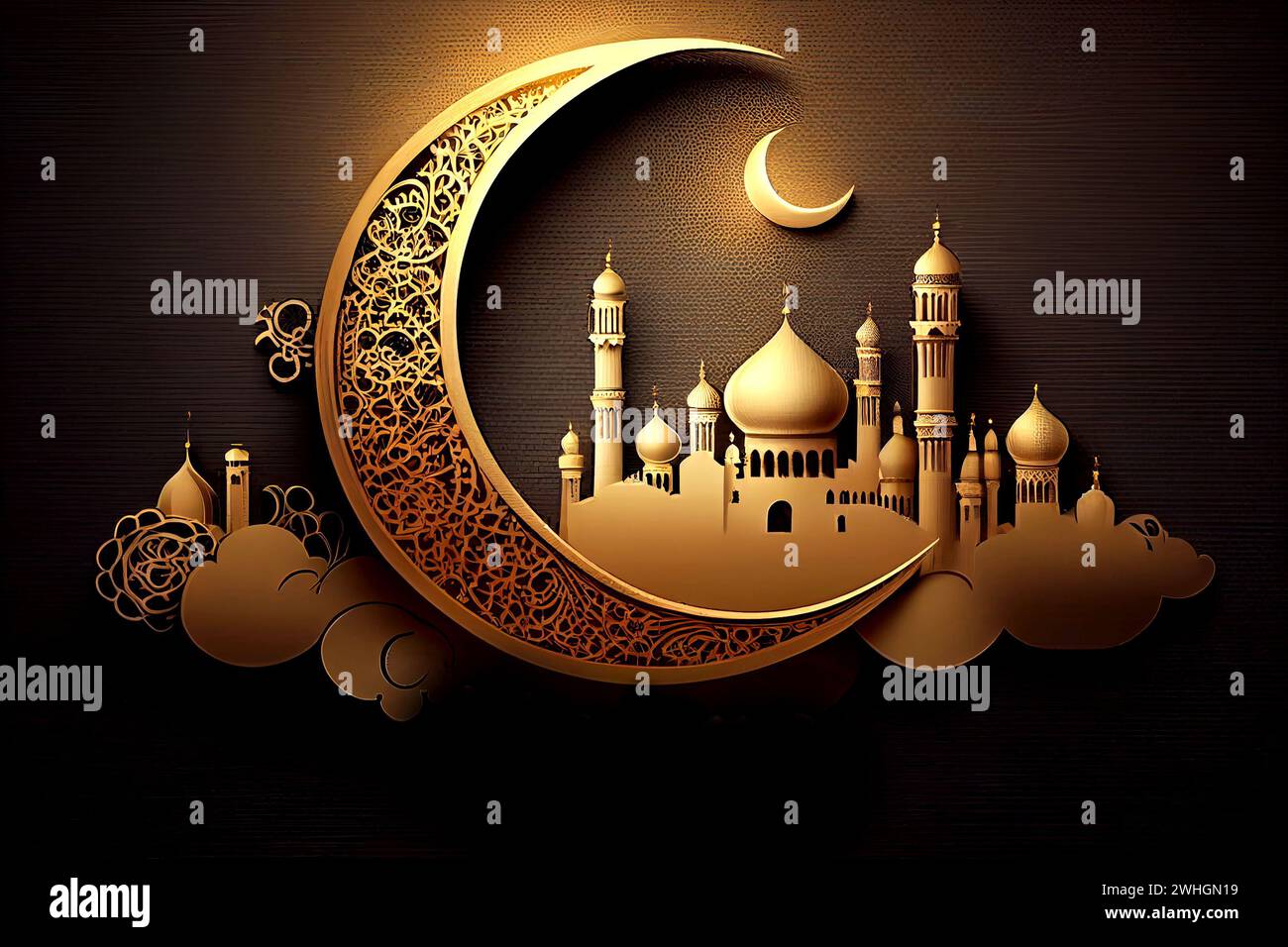 Biglietto d'auguri festivo per il mese sacro musulmano Ramadan Kareem con moschea e mezzaluna Foto Stock
