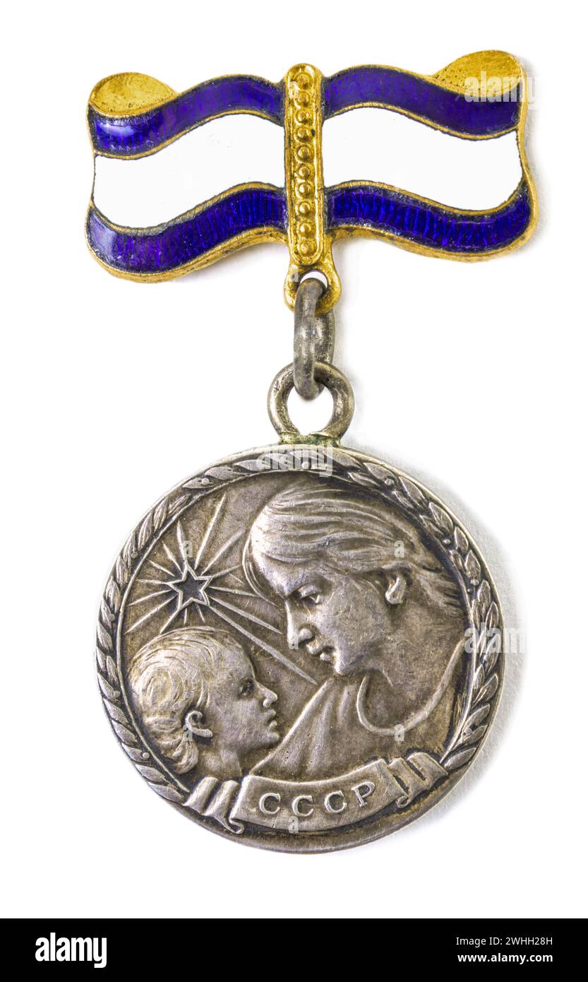 Medaglia di maternità 1 grado. In epoca sovietica, le madri che hanno cresciuto sei figli sono state premiate. Iscrizione Foto Stock