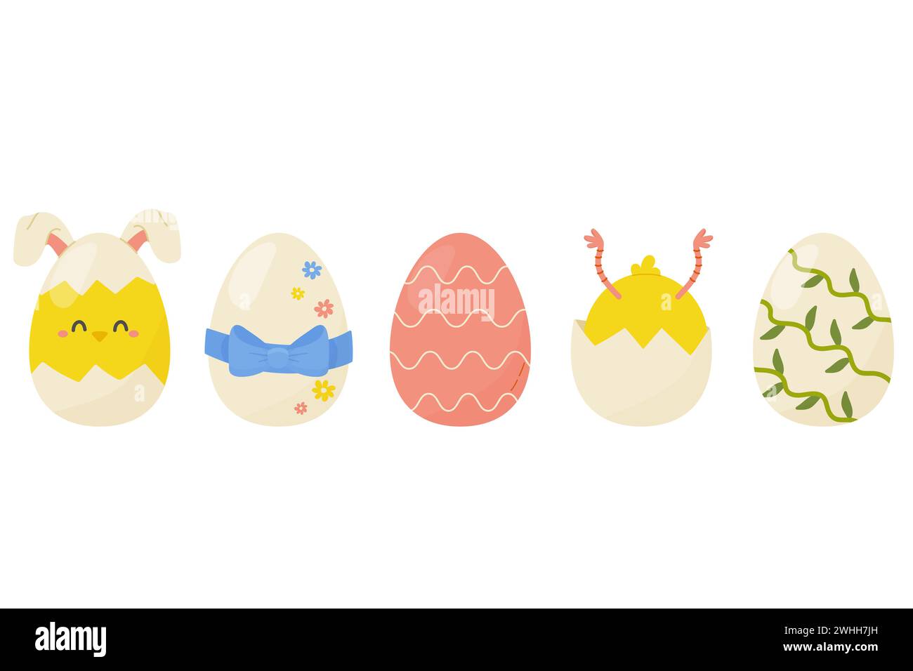 Set di uova di Pasqua, 5 pezzi, carino. Vettore piatto su sfondo bianco Illustrazione Vettoriale
