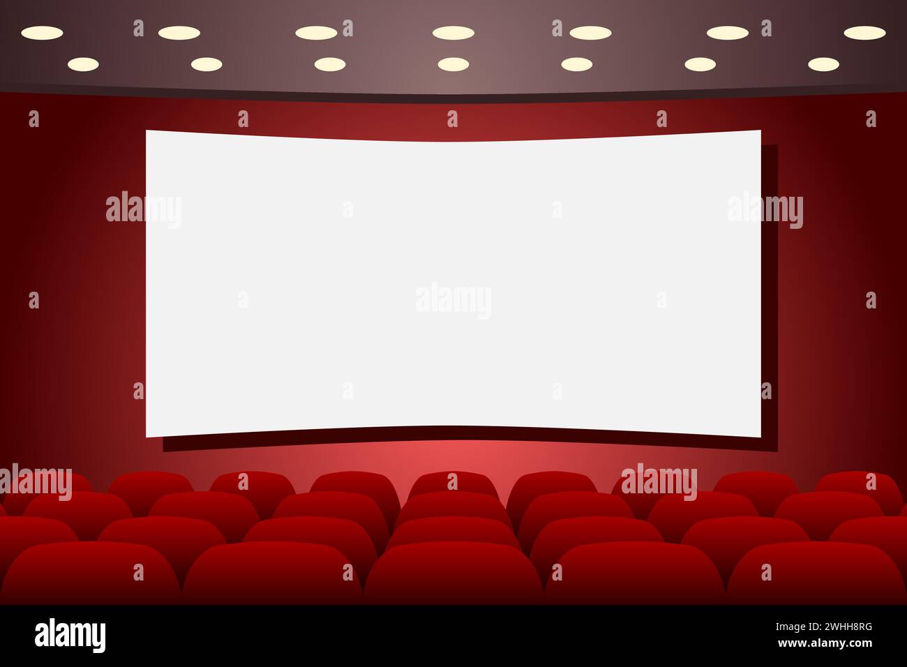 Palco teatrale con file vuote di posti e schermo vuoto. Interni del teatro. Copia spazio. Illustrazione vettoriale. Illustrazione Vettoriale