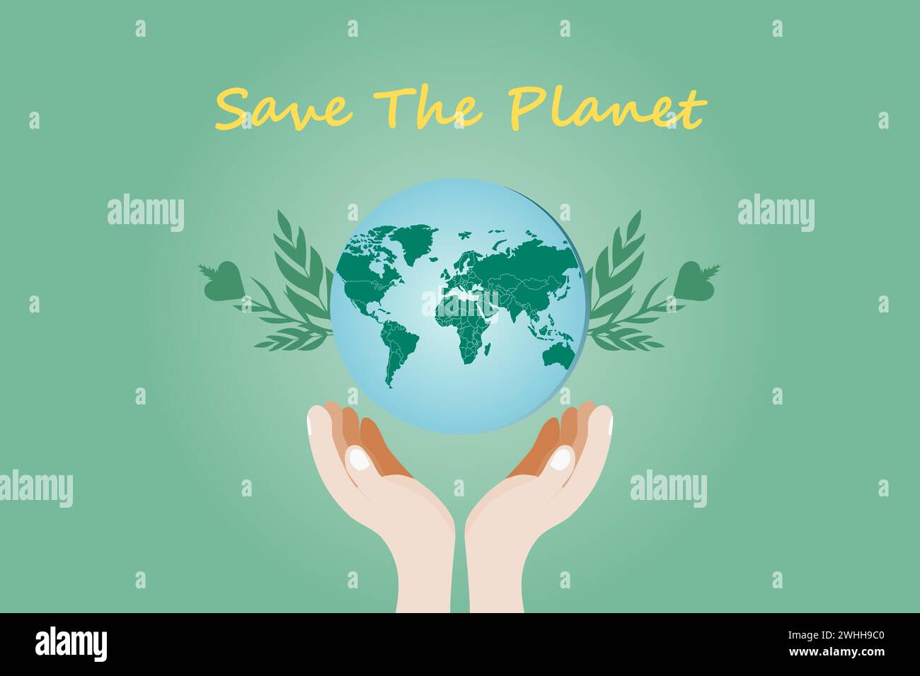 Modello per il giorno felice della Terra. Terra e mani. Problemi ambientali e concetto di protezione ambientale. Illustrazione vettoriale. Illustrazione Vettoriale