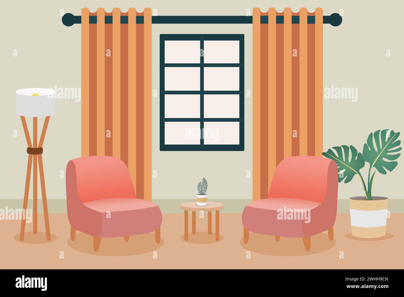 Design interno di un soggiorno con divano, tenda, lampada da tavolo e pianta. Interni di casa. Illustrazione vettoriale. Illustrazione Vettoriale