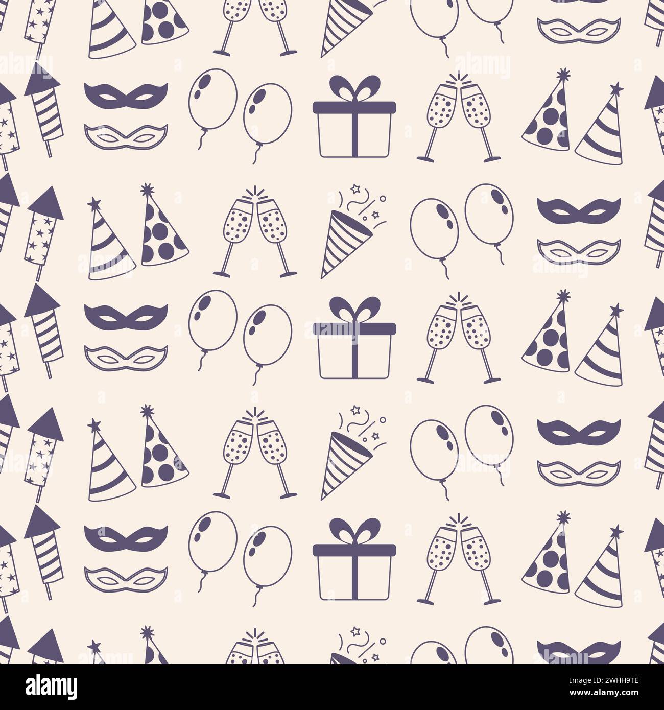 Festa di Carnevale con motivo senza cuciture e elementi da festa. Felice anno nuovo accessori per feste motivo vettoriale senza cuciture. Illustrazione Vettoriale
