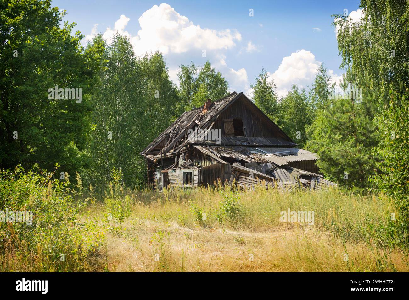 Paesaggio con una casa in legno abbandonata, desolazione e rovina Foto Stock