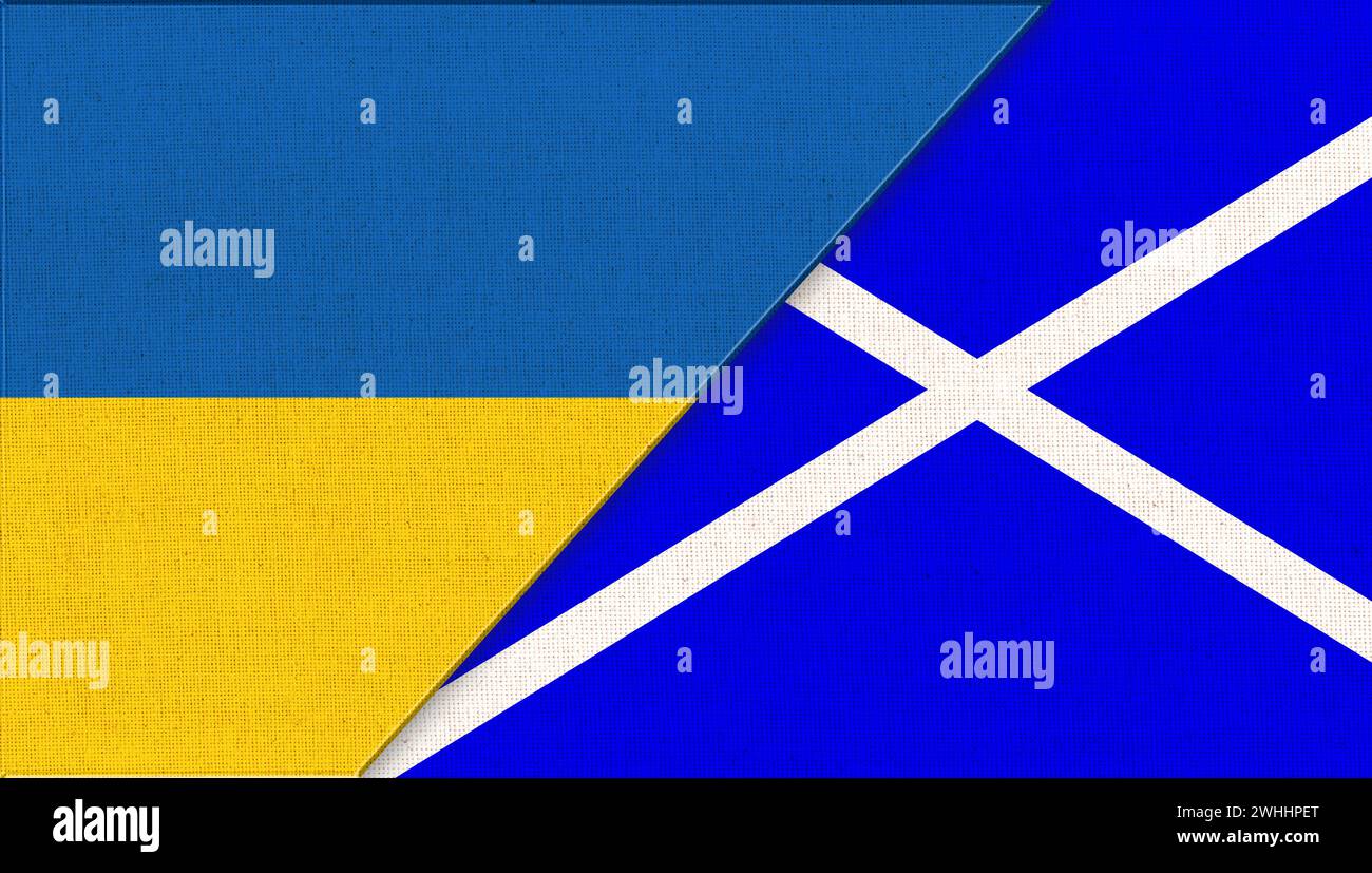 Bandiere dell'Ucraina e della Scozia. relazioni diplomatiche tra due paesi Foto Stock