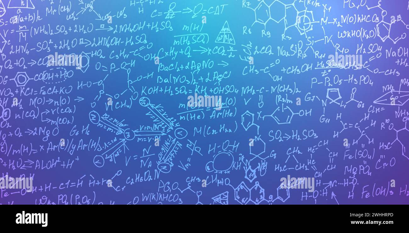 Formule scientifiche con molecole .formule scritte a mano background.lettere e numeri . Illustrazione Vettoriale