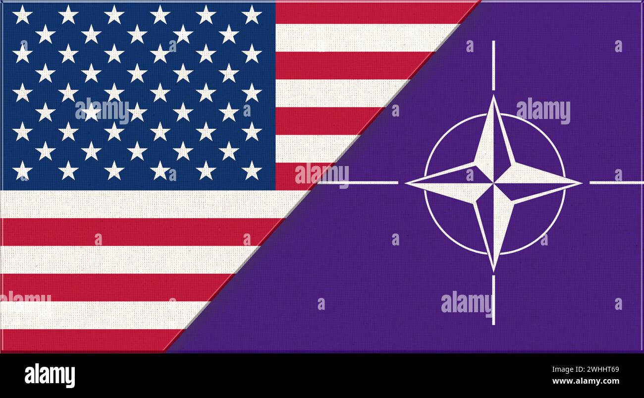 Bandiera degli Stati Uniti e della NATO (North Atlantic Treaty Organization). Bandiere americane e NATO su tessuto su Foto Stock