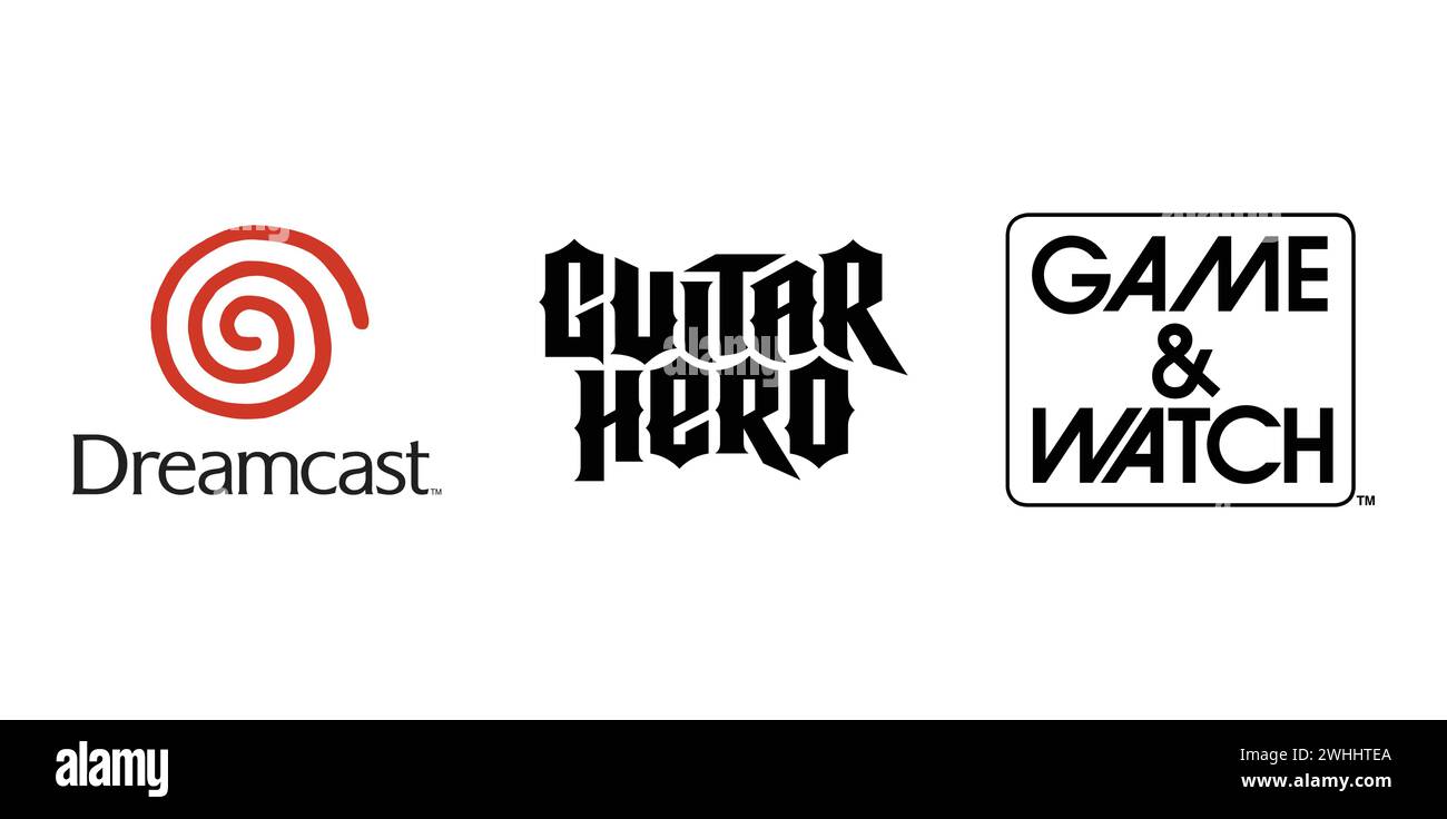 Dreamcast, Guitar Hero, Game and Watch. Emblema editoriale del marchio. Illustrazione Vettoriale