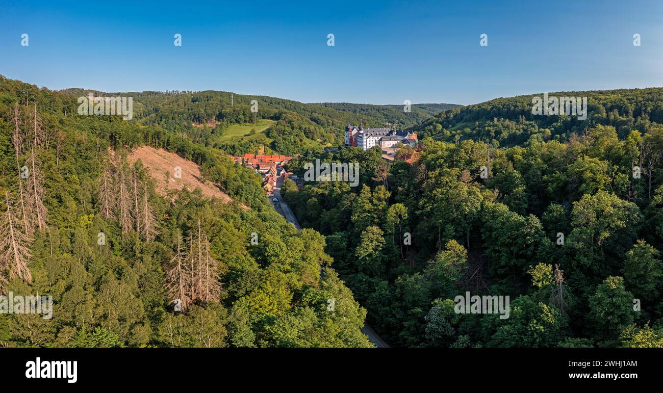 Vista di Stolberg nelle montagne Harz con castello Foto Stock