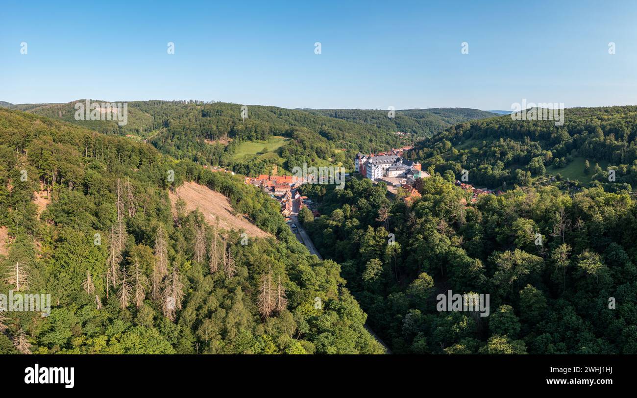 Vista di Stolberg nelle montagne Harz con castello Foto Stock